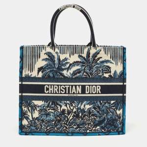 Pre Owned Dior Navy Blue/White Palms Embroidered Canvas Large Book Tote 