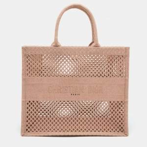 Dior Pink Mesh Embroidered Canvas Large Book Tote