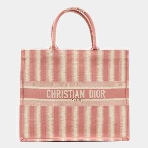Dior Pink/White Embroidered Canvas D-Stripe Book Tote