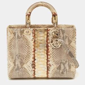 Pre Owned Dior Gold/Beige Python Large Lady Dior Tote