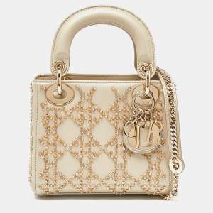 Dior Beige Beaded Embellished Leather Mini Lady Dior Tote