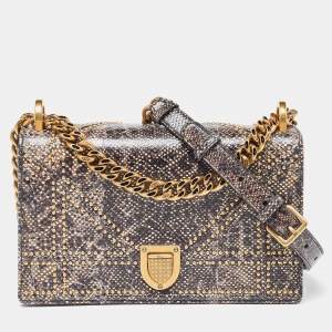 Pre Owned Dior Black Karung Leather Small Studded Diorama Shoulder Bag