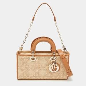 Pre Owned Dior Beige/Brown Cannage Raffia and Leather Lady D-Joy Bag