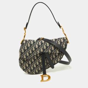 Dior Navy Blue Oblique Canvas and Leather Saddle Bag
