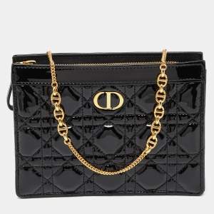 Dior Black Cannage Patent Leather Caro Zipped Chain Pouch