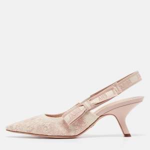 Dior Light Pink Embroidered Canvas J'Adior Slingback Pumps Size 40.5