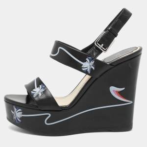 Dior Black Printed Leather Wedge Platform Sandals Size 37