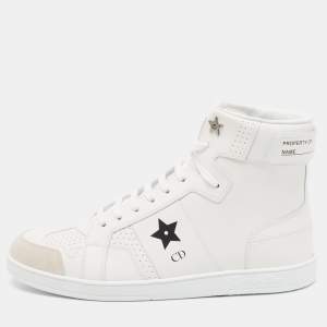 Pre Owned Dior White Leather and Suede DiorStar High Top Sneakers Size 39.5