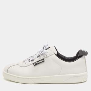 Chanel White/Black Leather Logo Lace Up Low Top Sneakers Size 36