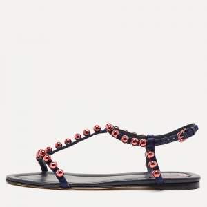 Dior Navy Blue Satin Beads T-Strap Flat Sandals Size 39