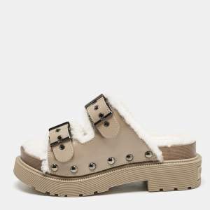 Dior Beige Leather and Shearling Fur Diorquake Strap Sandals Size 36