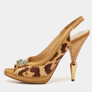 Dior Beige/Brown Calf Hair and Suede Peep Toe Slingback Pumps Size 38