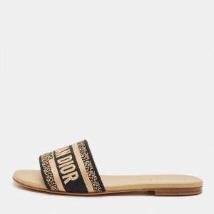 مملوكة مسبقًا Dior Dway Size 37 Beige/Black Canvas Embroidered Flat Slide