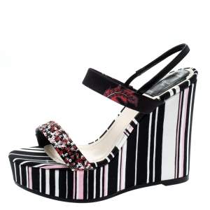 Dior Multicolor Stripes Printed Satin Sequins Embellished Ankle Strap Wedge Sandals Size 38.5