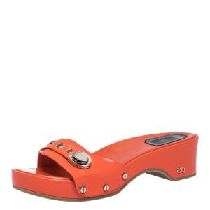 Dior Neon Orange Leather Buckle Detail Platform Slide Sandals Size 37.5