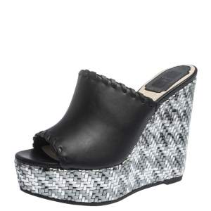 Dior Black Leather Wedge Open Toe Platform Sandals Size 37