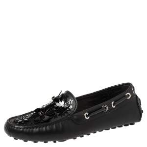 Pre Owned Dior Black Leather Drive Me Floral Embellished Loafers Size 35
