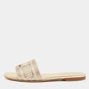Dior Gold Canvas Crystal Embellished  D-Way Flat Slides Size 37 