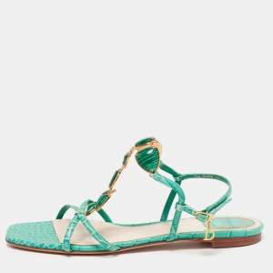 Dior Green Croc Embossed Leather Crystal  Embellished Strappy Flat Sandals Size 40.5
