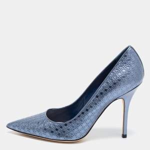 Pre Owned Dior Metallic Blue Cannage Patent Leather Cherie Pointed Toe Pumps Size 37