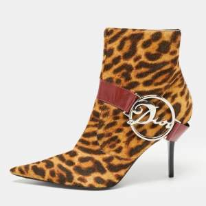 Dior Tricolor Leopard Print Calf Hair and Leather Ankle Booties Size 41