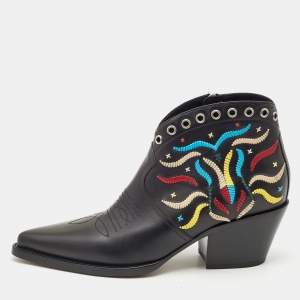 Dior Black Leather Embroidered Cowboy Ankle Boots Size 39