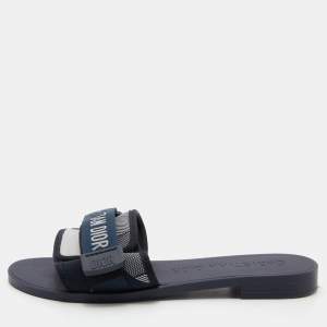 Dior Deep Blue Printed Fabric Dio(r)evolution Flat Slides Size 35