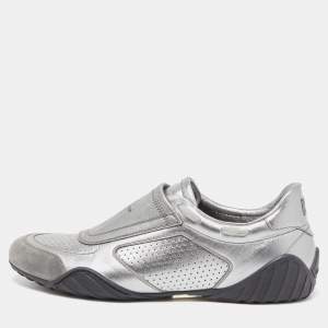 Pre Owned Dior Metallic Grey Leather and Suede D-Fence Sneakers Size 39