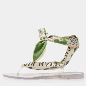 Dior Multicolor Printed Fabric Ankle Tie Thong Flat Sandals Size 37
