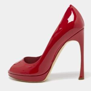 Pre Owned Dior Red Patent Leather Peep Toe Platform Pumps Size 38