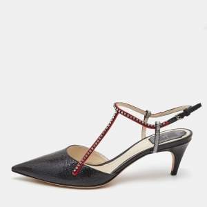 Pre Owned Dior Black Textured Leather Crystal Embellished T-Bar Ankle Strap Pumps Size 41