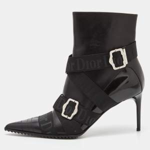 Dior Black Leather and Elastic Logo Strap And Buckle Embellished Pointed Toe Ankle Boots Size 39.5