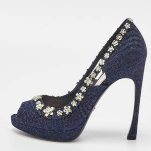 Pre Owned Dior Blue Denim Crystal Embellished Garland Peep Toe Pumps Size 38.5