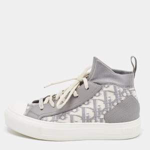 Dior Grey/White Knit Fabric And Leather Walk'n'Dior High-Top Sneakers Size 36.5