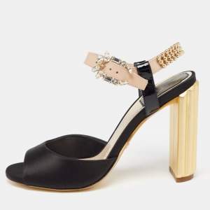 Dior Black/Beige Satin and Patent Leather Studded Ankle Strap Sandals Size 36
