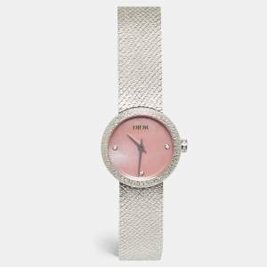 مملوكة مسبقًا Dior La D De Dior Satine CD4111X1295 Pink Mother Of Pearl Diamond Stainless Steel Women's Wristwatch 25 mm