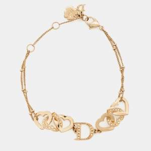Pre Owned Dior Interlocking Heart Crystal Gold Tone Bracelet
