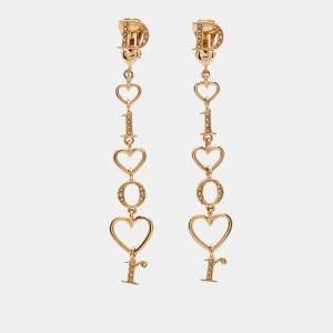  Dior Heart Letter Spell Out Gold Tone Crystal Drop Earrings