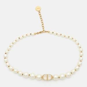 Pre Owned Dior 30 Montaigne Faux Pearl Gold Tone Choker Necklace