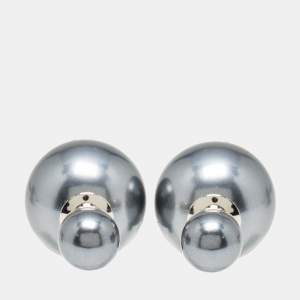 Dior Mise en Dior Tribales Grey Faux Pearl Silver Tone Stud Earrings