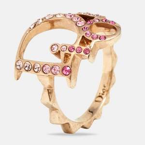 Dior Oblique Logo Crystal Studded Gold Tone Ring Size EU 54