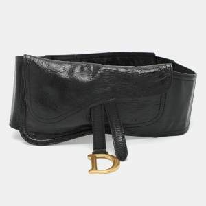 Dior Black Crinkled Leather and Elastic Saddle Belt 90 CM