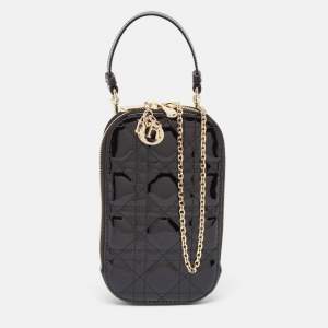 Dior Black Cannage Patent Leather Call'in Chain Phone Holder 