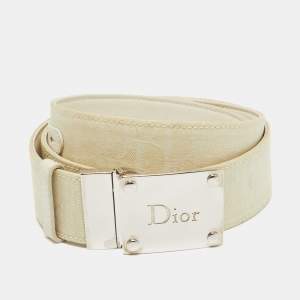 Dior Beige/White Oblique Canvas and Leather Logo Plague Reversible Belt 85CM