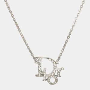 Dior Silver Tone Crystal Accented Logo Pendant Necklace