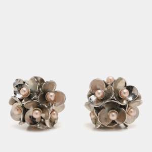 Dior Silver Tone Metal Pearl Embellished Tribal Flower Petals Earrings