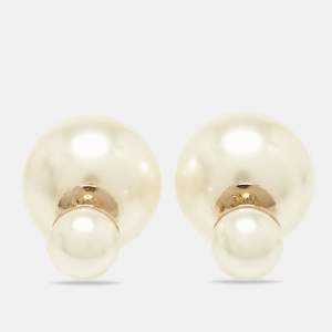 Pre Owned Dior Tribales Faux Pearl Gold Tone Stud Earrings