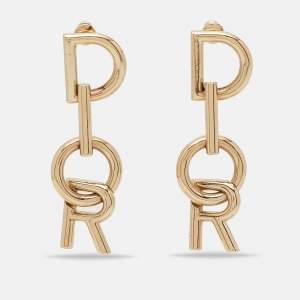 Dior Vertical Logo Gold Tone Drop Earrings 