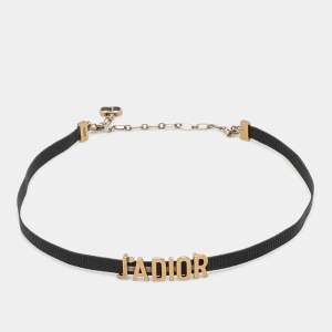 Dior J'Adior Black Ribbon Gold Tone Slide Pendant Choker Necklace