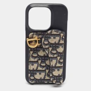 Dior Navy Blue/Beige Oblique Jacquard and Leather Saddle iPhone 14 Pro Case